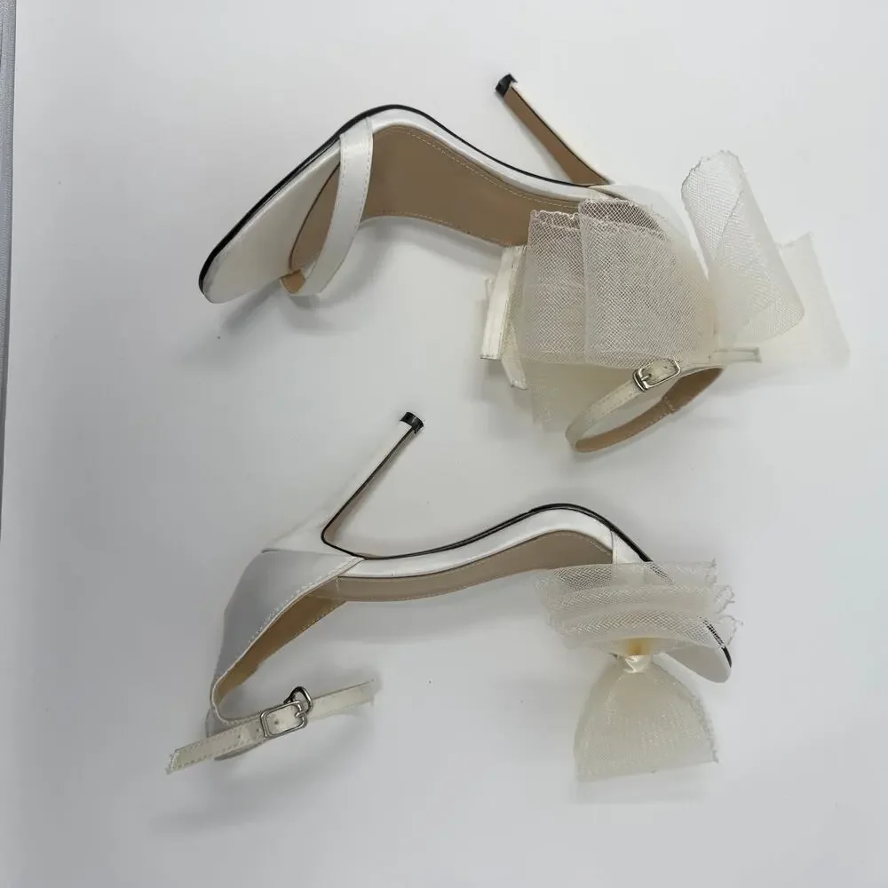 White Satin Bow Ankle Strap Stiletto Heels Size 8